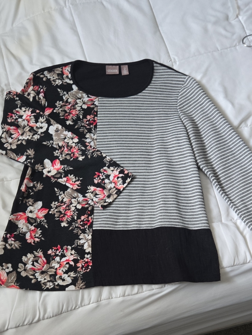 Chico's Black Floral & Gray Stripe Mixed-Print Long Sleeve Top
